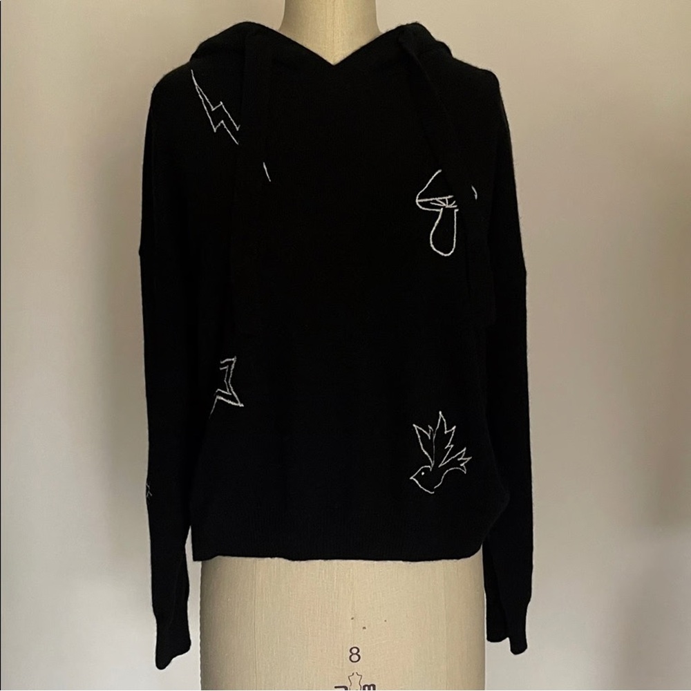 Aqua 100% Cashmere Black Graphic Hoodie Hippie Stitching Details!